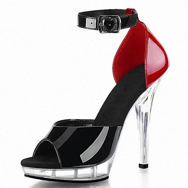 Red color blocking peep-toe belt buckle 15cm Ankle Strap stiletto heels are versatile 6 inch summer Transparent Platform Sandals