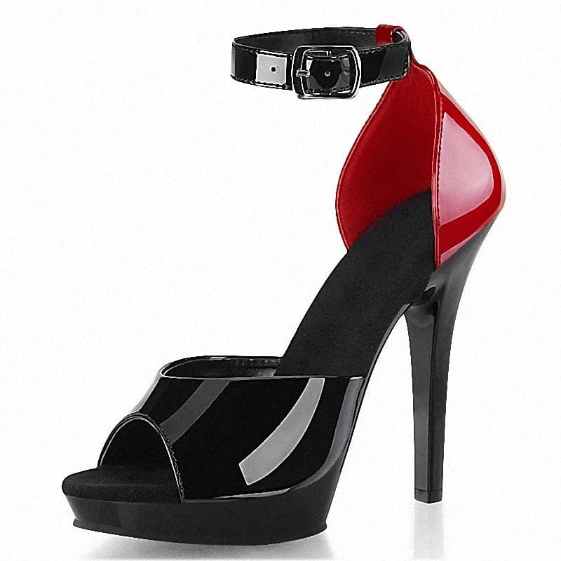 Red color blocking peep-toe belt buckle 15cm Ankle Strap stiletto heels are versatile 6 inch summer Transparent Platform Sandals