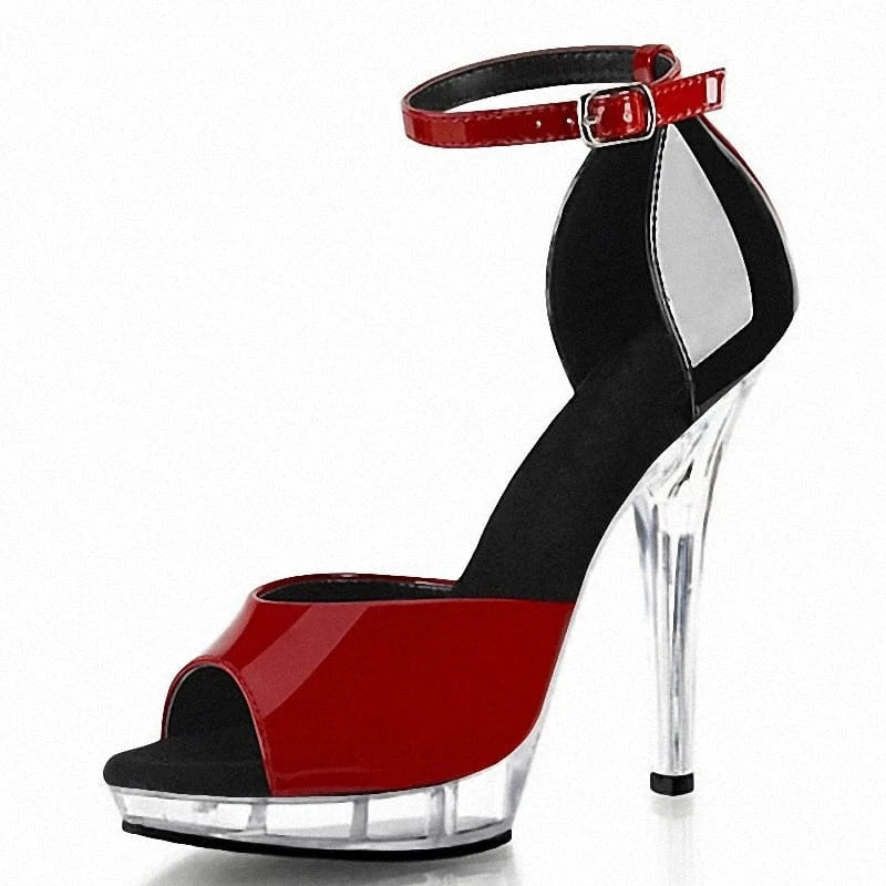 Red color blocking peep-toe belt buckle 15cm Ankle Strap stiletto heels are versatile 6 inch summer Transparent Platform Sandals