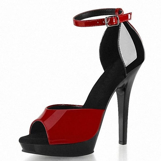 Red color blocking peep-toe belt buckle 15cm Ankle Strap stiletto heels are versatile 6 inch summer Transparent Platform Sandals
