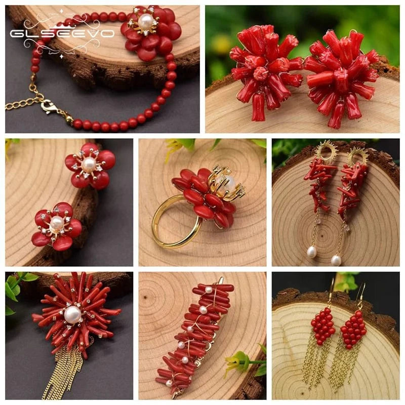 Red Coral Natural Pearls Fashion Accessories Set Fine Woman Ring Earrings Necklace Luxury Customized Jewelry Wedding