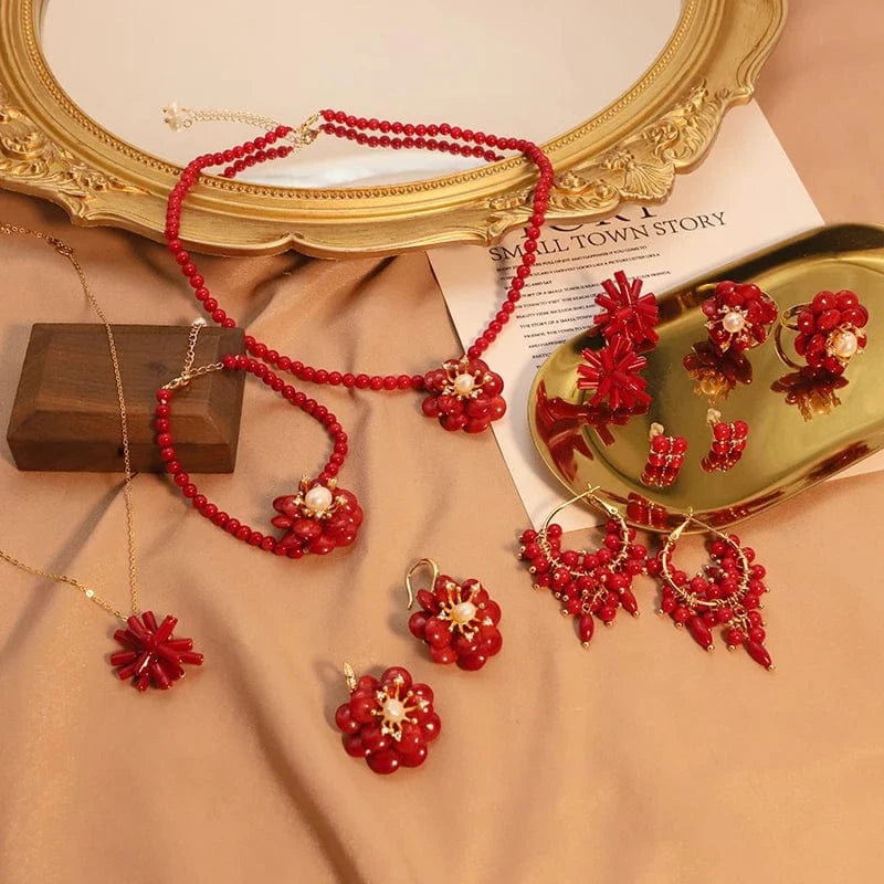 Red Coral Natural Pearls Fashion Accessories Set Fine Woman Ring Earrings Necklace Luxury Customized Jewelry Wedding