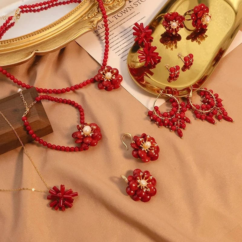 Red Coral Natural Pearls Fashion Accessories Set Fine Woman Ring Earrings Necklace Luxury Customized Jewelry Wedding