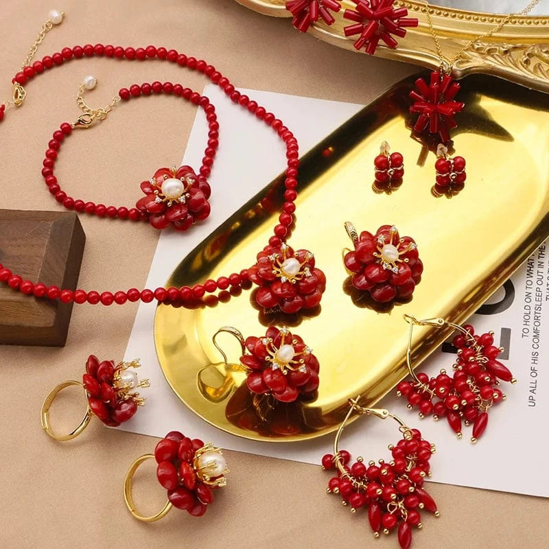 Red Coral Natural Pearls Fashion Accessories Set Fine Woman Ring Earrings Necklace Luxury Customized Jewelry Wedding