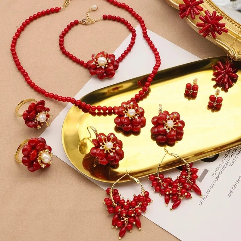 Red Coral Natural Pearls Fashion Accessories Set Fine Woman Ring Earrings Necklace Luxury Customized Jewelry Wedding