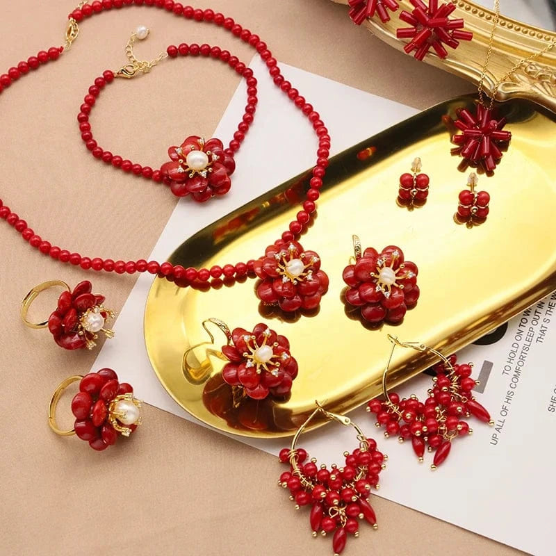 Red Coral Natural Pearls Fashion Accessories Set Fine Woman Ring Earrings Necklace Luxury Customized Jewelry Wedding