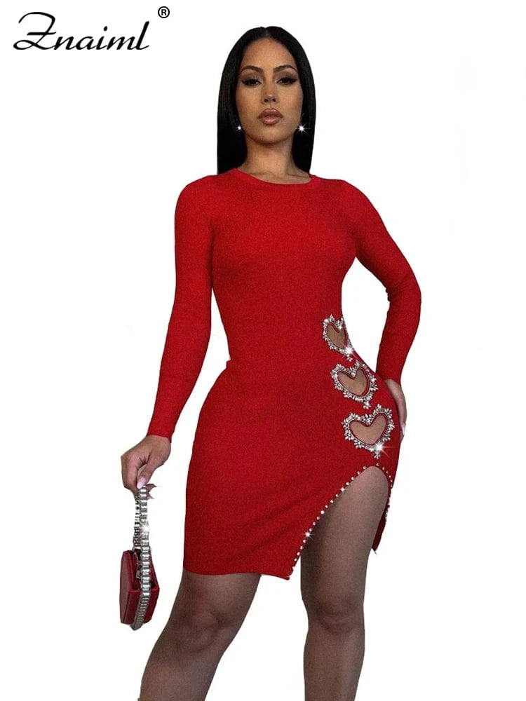 red dress / S Znaiml Sparkly Diamonds Heart-shaped Love Birthday Dresses for Women Night Party Long Sleeve Side Slit Bodycon Mini Vestidos