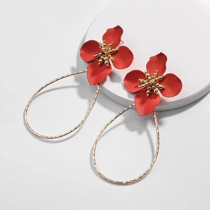 Red E9002 enamel drop 2 flower wire earring Hawaiian gold jewelry wholesale earring set stud hoop earring 14k gold for woman girl
