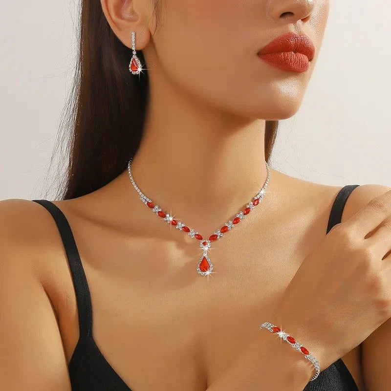 Red Hoyon  Fashion Red Crystal Necklace Earrings Bracelet Set Hot Sale Blue Rhinestone Jewelry Set Europe and the America style