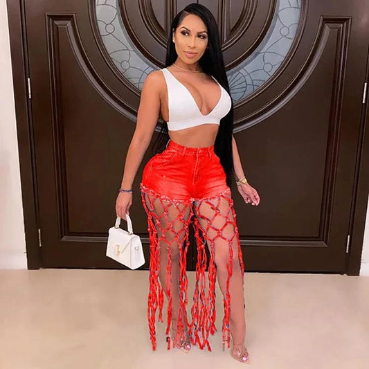 red / L High Waist Denim Shorts Women Tassels Short Jeans Splice Button Pockets Strwwtear Shorts Hot Pant Solid Lady Summer Beach