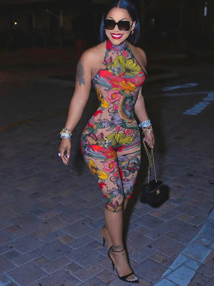 Red / L Weird Puss Sexy Print Halter Romper Women Bandage Summer Colorful Hipster Backless Activity Workout Fit Tight Stretch Playsuits