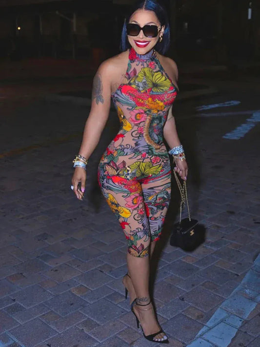 Red / L Weird Puss Sexy Print Halter Romper Women Bandage Summer Colorful Hipster Backless Activity Workout Fit Tight Stretch Playsuits