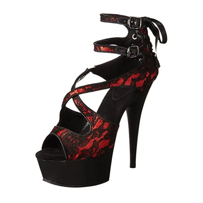 Red Lace stiletto heels 15 cm pole dance high heels platform elegant leaky toe striptease shoes model Catwalk Fashion large sand