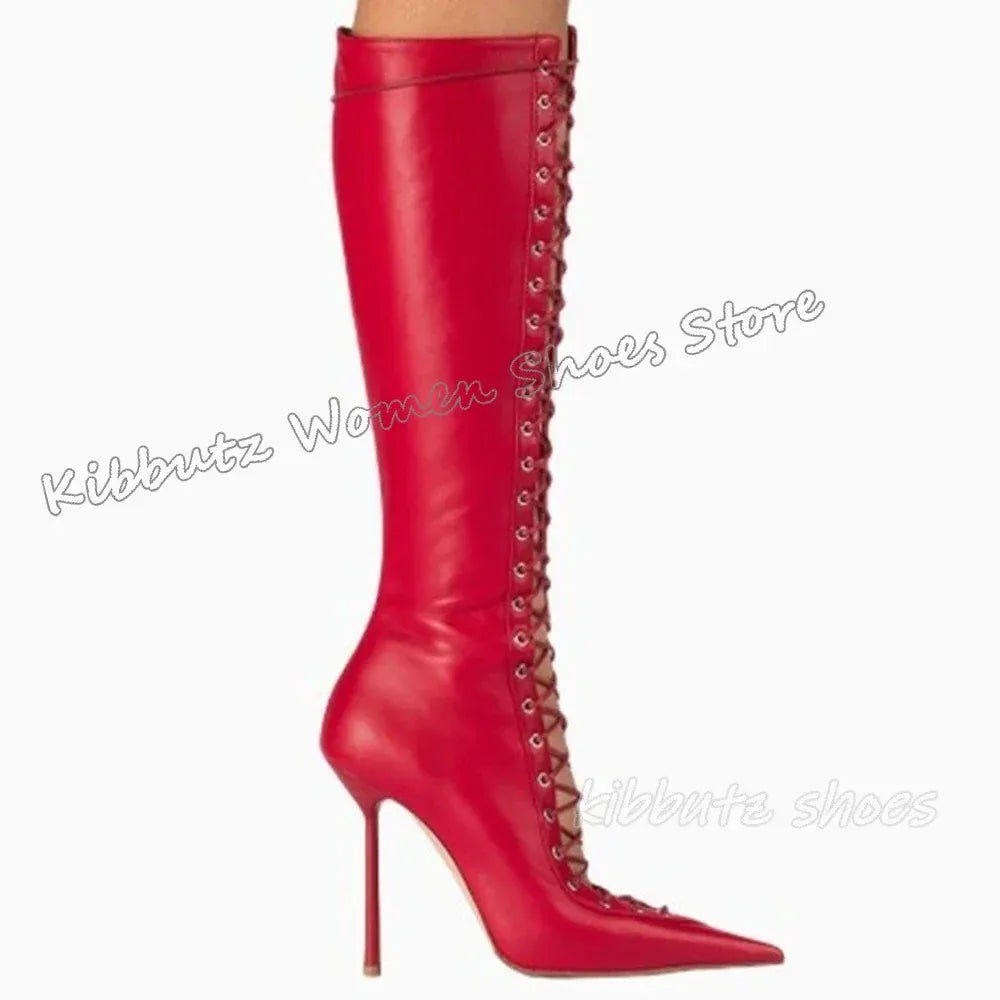 red leather long / 41 Lace-Up Sandal Ankle Boots Mesh Leather Solid Color Fashion Elegant Luxury Concise Sexy Party Dress Women Shoes New Pointy Heels