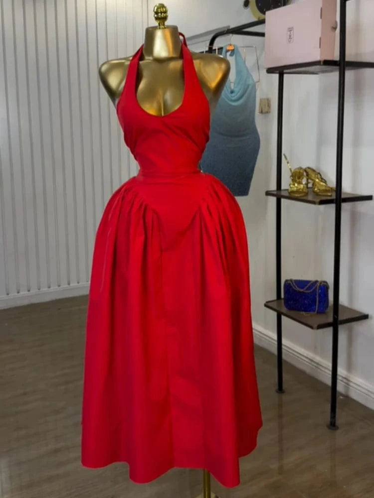 Red / M CM.YAYA Women Halter V-neck Backless Sleeveless Big Swing Bodycon Mid Maxi Long Dress 2025 Vacation Sexy Party Evening Dresses