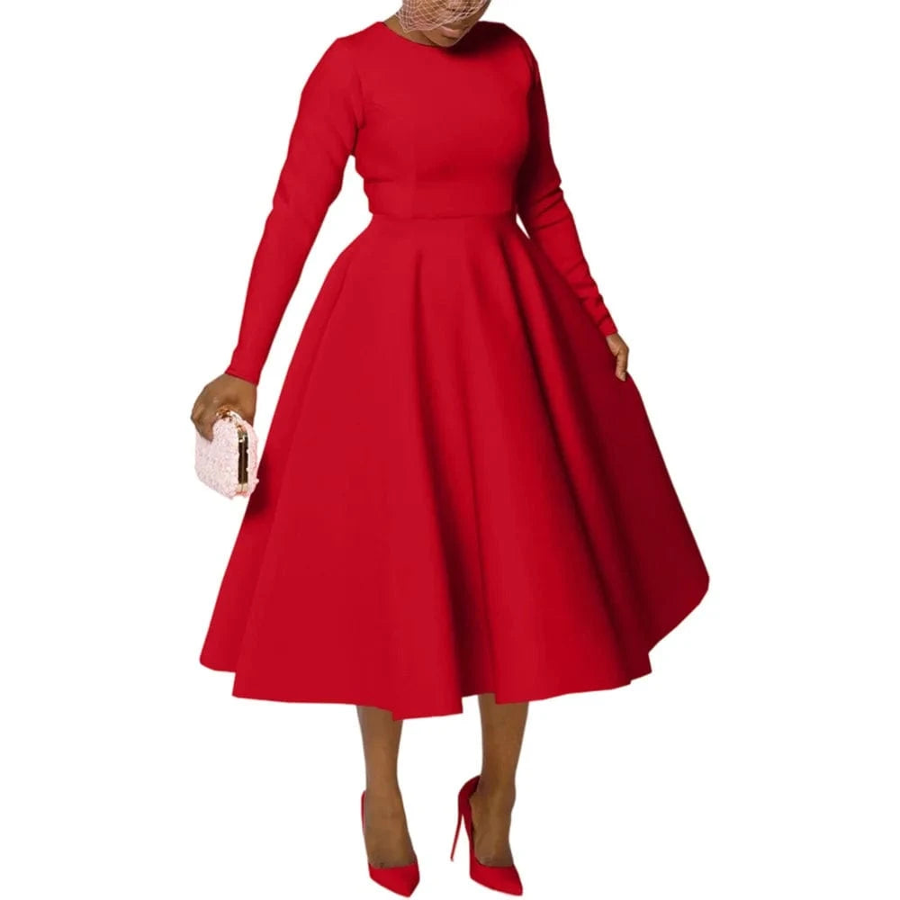 Red / M Elegant Church Dresses for Woman 2025 Fall Long Sleeve O Neck High Waisted A-Line Midi Calf Party Cocktail Dress with Pockets