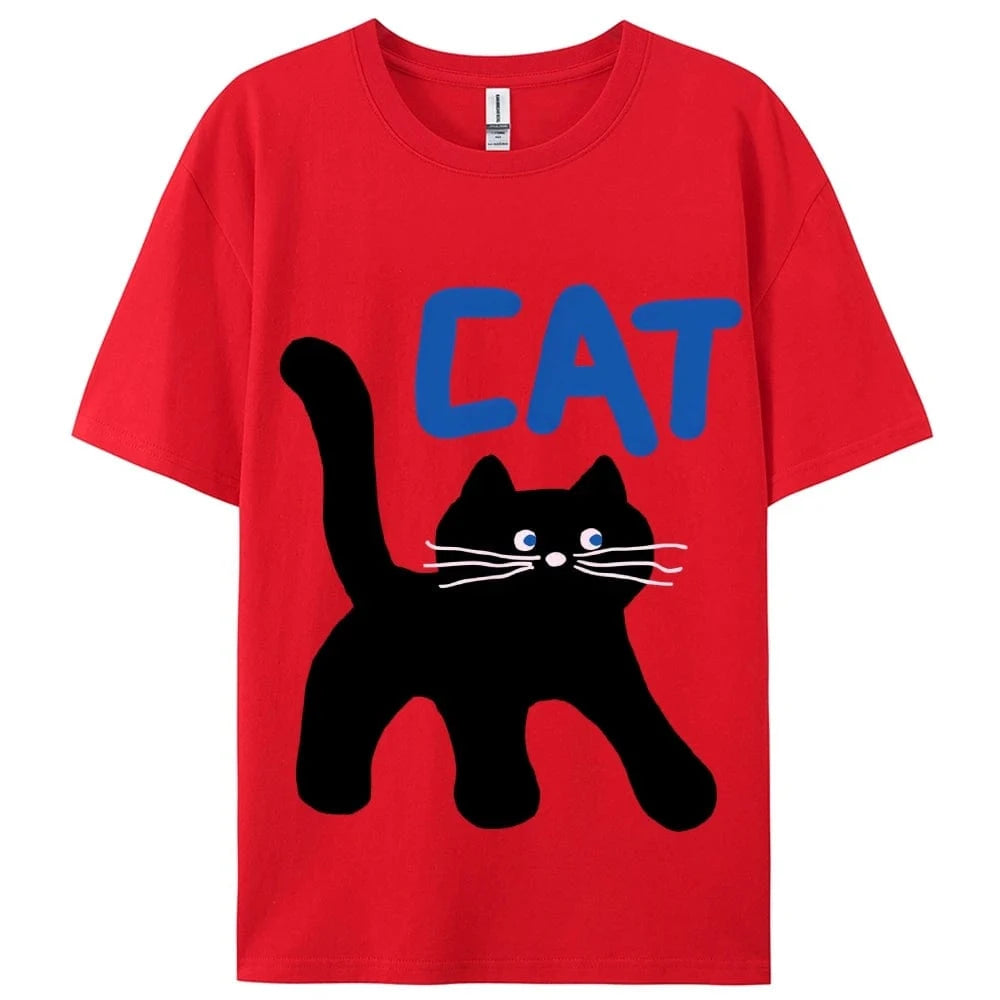 Red / M Women's Basic Crew Neck Tee Trendy Y2K Women's Short Sleeve Cartoon Cat Print Cute Aesthetic Cotton Casual T-Shirt