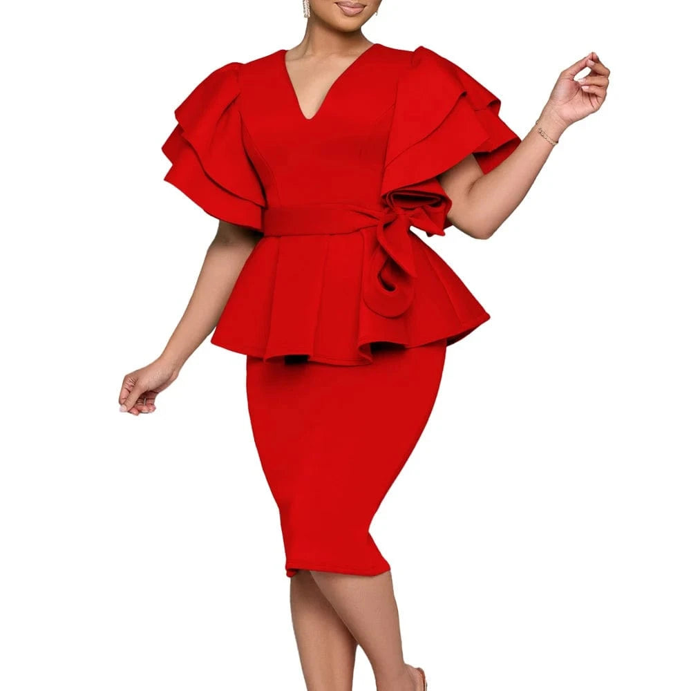 Red / M Women Short Sleeve V-Neck Ruffle Sleeve Peplum Bodycon Midi Dress 2025 Latest Fashion Summer African OL Work Evening Party Dress