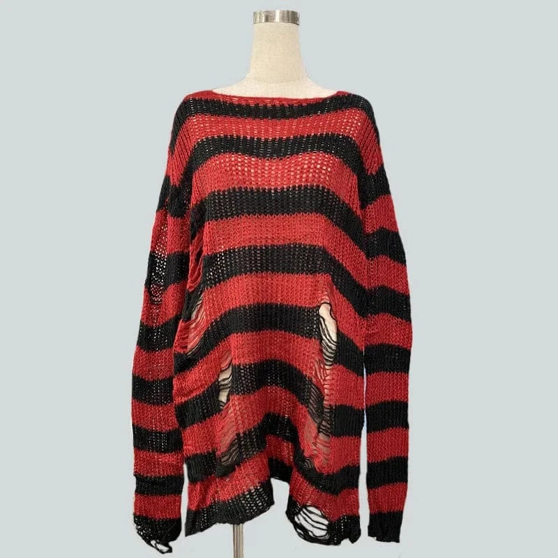 Red / One Size 90s Goth Punk Women Street Fashion Stripe Loose Gothic Knitted Ripped Distressed Design Jumper Oversized Pullovers Top Sweater