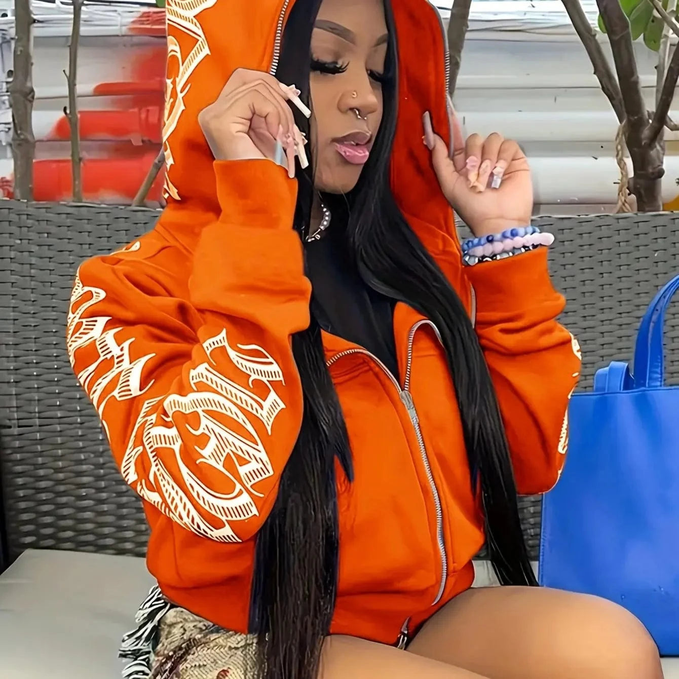 Red Orange / XS Letter Print Long Sleeve Zip Up Hoodies, Cyber Y2K Gothic Punk Sweatshirt, Women's Clothing