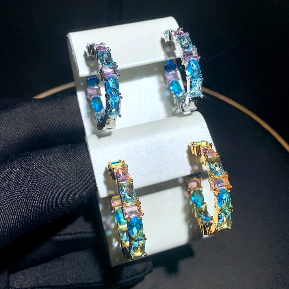 Red Pink Sea Blue Purple Colorful Zirconia Hoop Earring Micro Pave 5A CZ Bling Fashion Women Sea Sand Jewelry