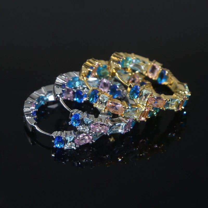 Red Pink Sea Blue Purple Colorful Zirconia Hoop Earring Micro Pave 5A CZ Bling Fashion Women Sea Sand Jewelry