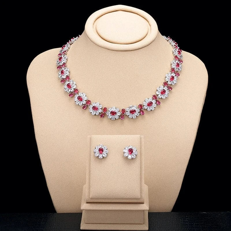 red RAKOL SP240 Luxury women color zirconia  blue  Flower Necklace Earrings jewelry Sets 18k gold plated  bridal jewelry Set