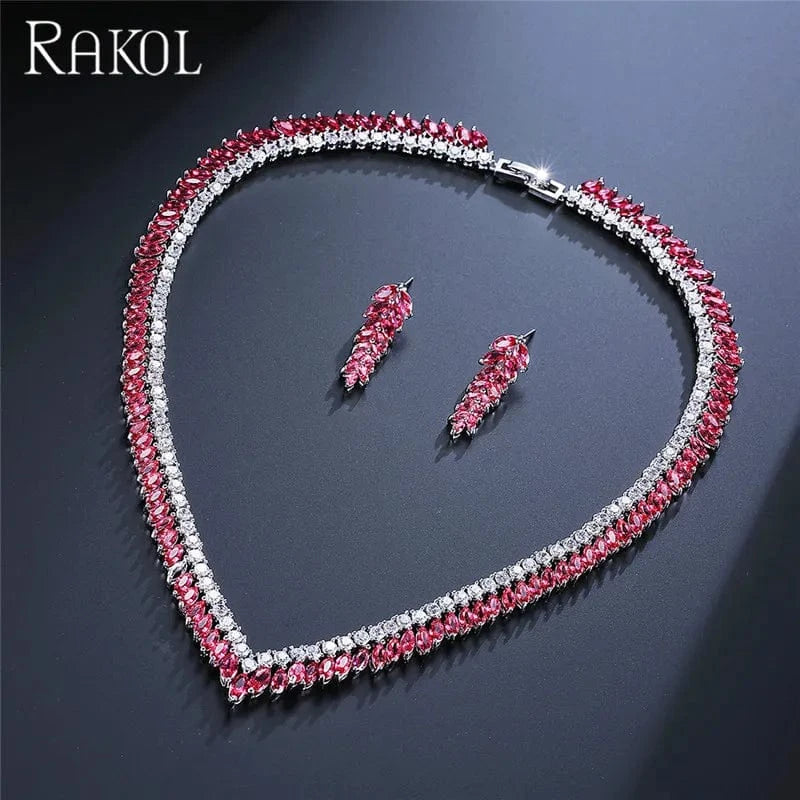 red RAKOL SP258 Cute Girl Decoration Full CZ Crystal zircon Wheat Leaf Shape Earring Necklace Jewelry Set