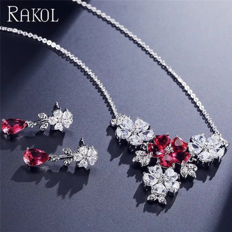 Red RAKOL SP310 New Bridal Wedding Jewelry Sparkling Flower CZ Zircon Necklace Dangle Earrings Set