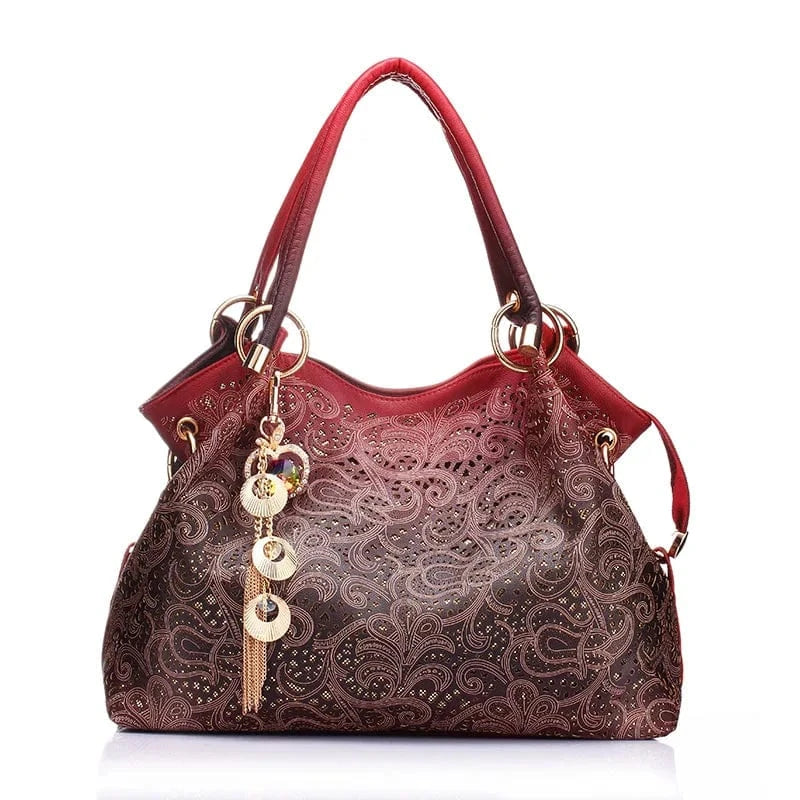 Red REALER hollow out ombre floral print women shoulder crossbody bags pu leather ladies totes hand bags handbags for women