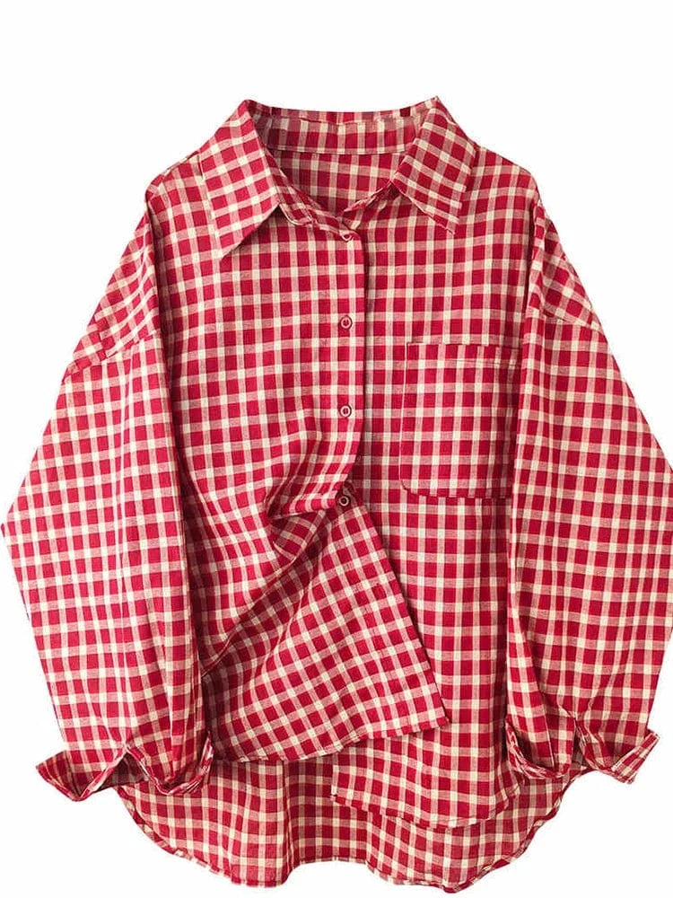 Red / S 2025 Y2k Autumn Women New Vintage Red Plaid Turn-down Collar Over-shirt Long Sleeve Streetwear Loose Patchwork Harajuku Blouses
