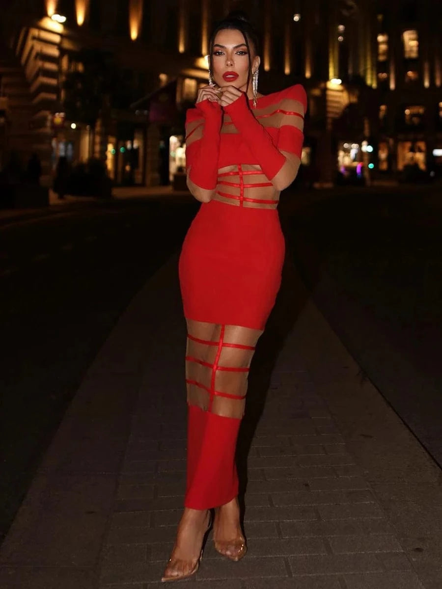 Red / S / CHINA Women's 2025 Sexy Long Sleeve Mesh Ankle-Length Dress Celebrity Sheer Elegant Cut Out Details for Party Evening Club Vestido