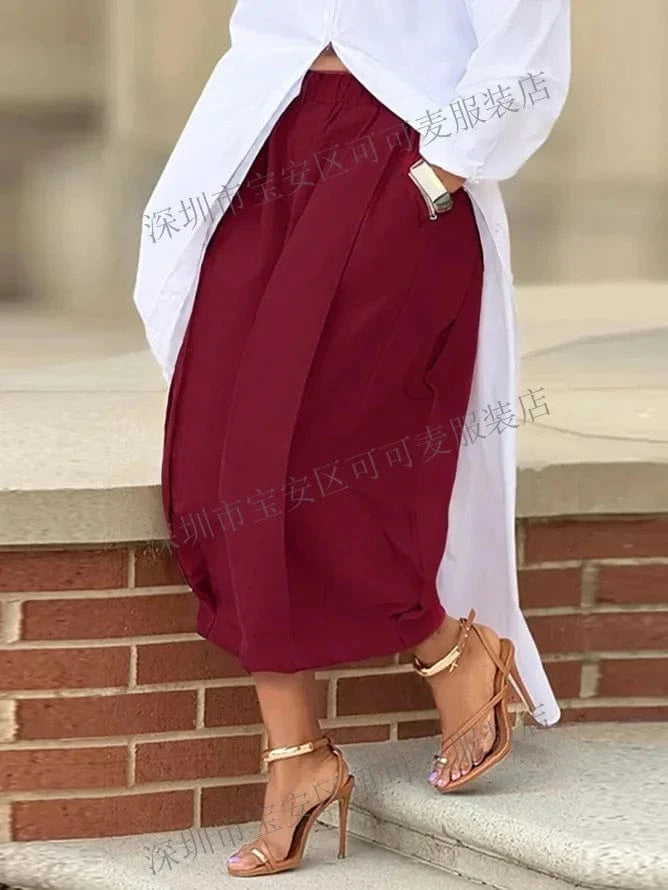 Red / S / CHINA Women's Khaki Capri Trousers Pockets pleated Wide Leg Casual Vintage Loose Harajuku High Waist Leisure Calf-length Pants