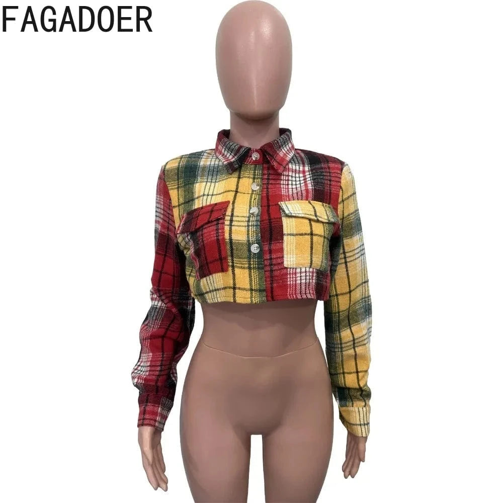 red / S FAGADOER Fashion Plaid Print Slim Crop Coats Women Turndown Collar Button Long Sleeve Slim Tops Casual Female Pocket OL Clothing
