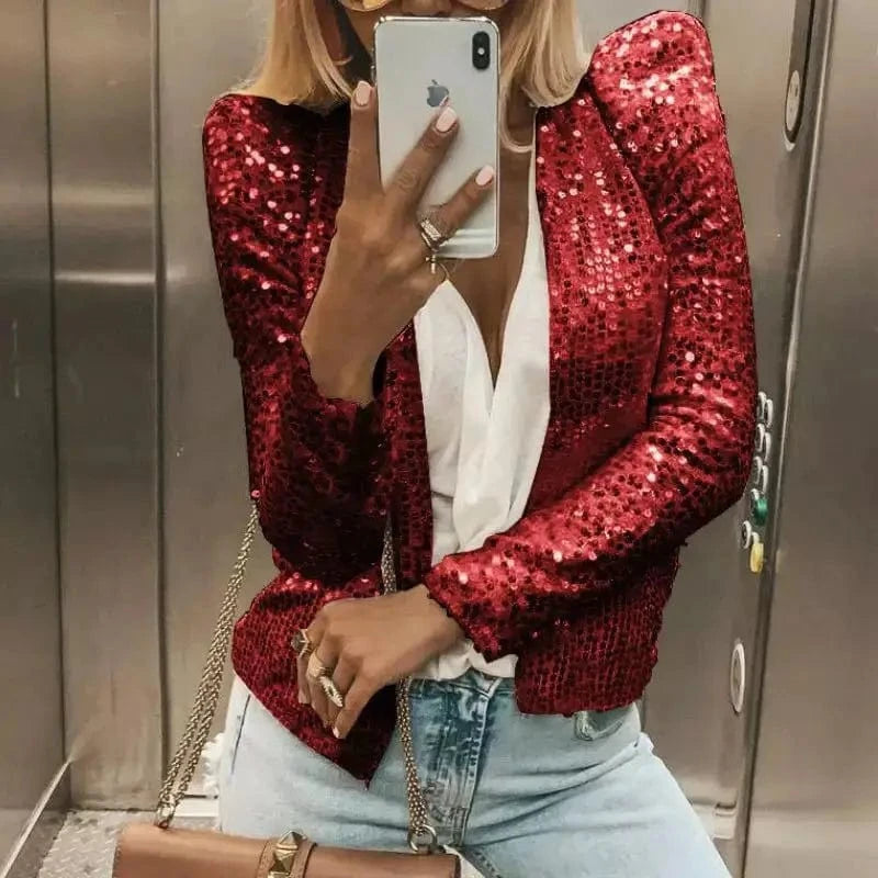 Red / S Gold Purple Shiny Sequins Round Neck Cardigan Jacket Women Fashion Short Coat Silver Blue Nothing Red Outerwear Female Overcoat