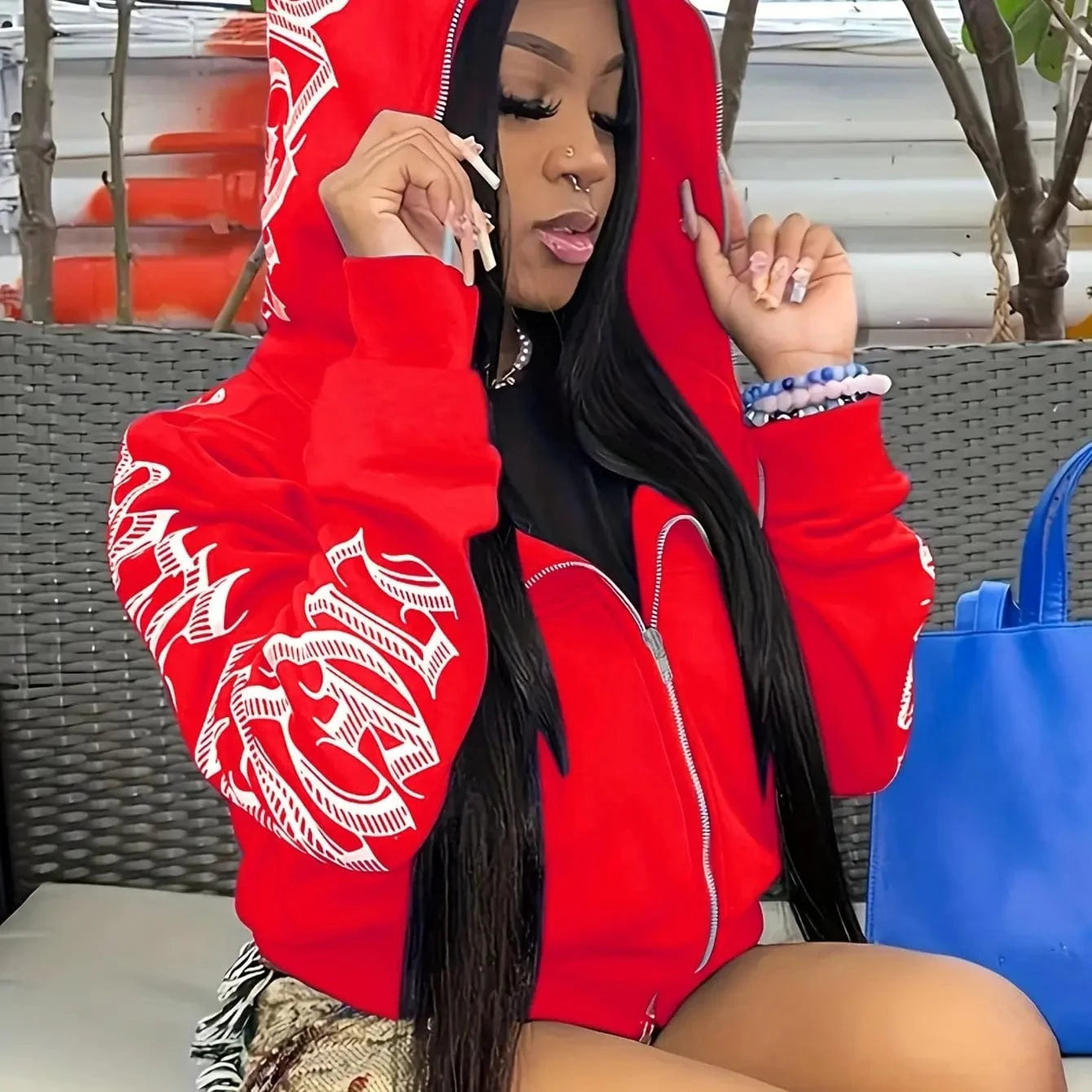 Red / S Letter Print Long Sleeve Zip Up Hoodies, Cyber Y2K Gothic Punk Sweatshirt, Women's Clothing