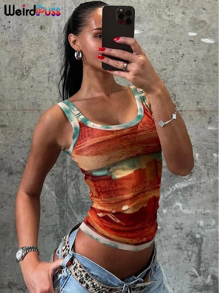 Red / S Weird Puss Gradient Print Tank Tops Women 2024 Summer Hipster Skinny Basic O-Neck Wild Streetwear Casual Vintage Fashion Vest