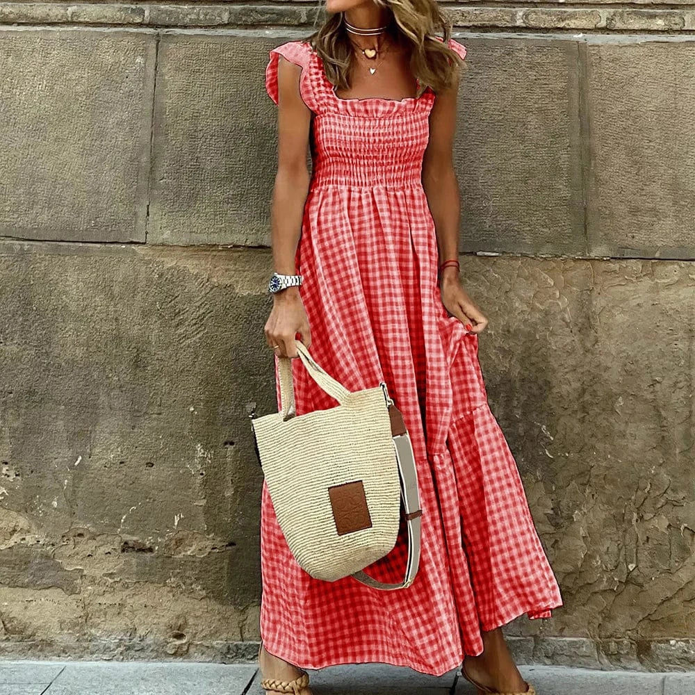 Red / S Women's Check Plaid Sleeveless Square Neck A-Line Maxi Dress Summer Ladies Casual Vacation Holiday Beach Sundress Size S-2XL