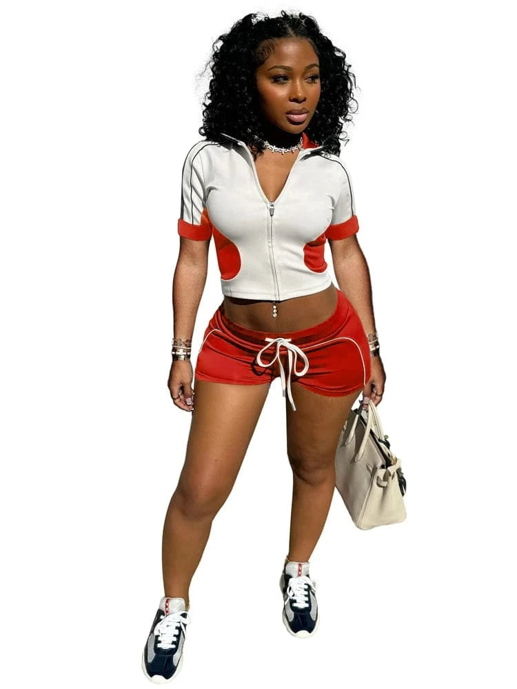 Red / S Women Sets Outfit Summer Streetwear Panelled Two Tone Slim Sports Short Sleeve Shorts Suits Zip Crop Tops Casual 2 Two Piece Set
