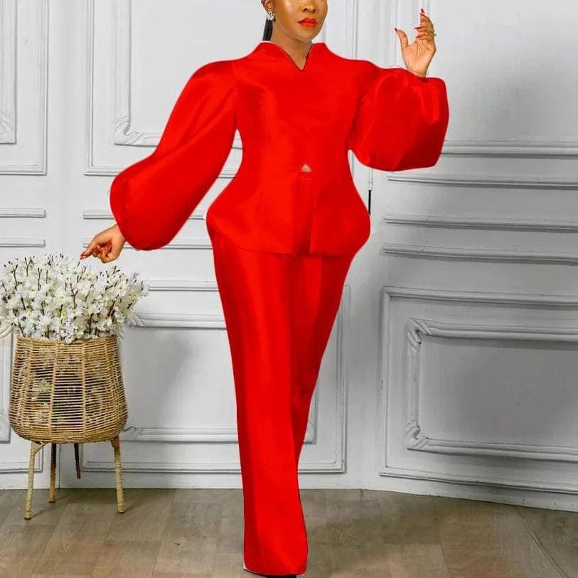 Red Sets / XXXL Elegant Office Ladies 2 Pieces Pants Sets Solid Satin Blouse & Long Trousers Straight Luxury High Quality Female Outfits Sets