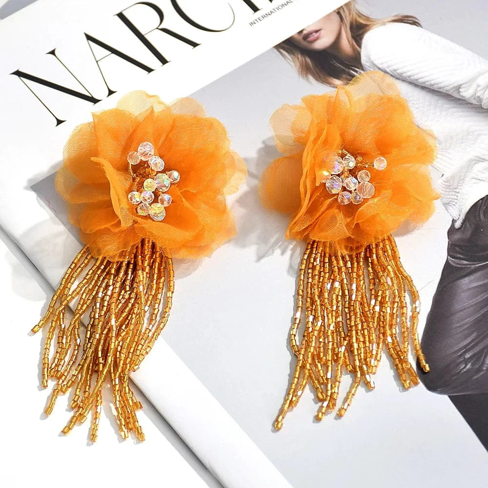 Red Vintage Acrylic Beads Tassel Earrings Handmade Lace Flower Dangle Earrings  Jewelry Accessories For Women
