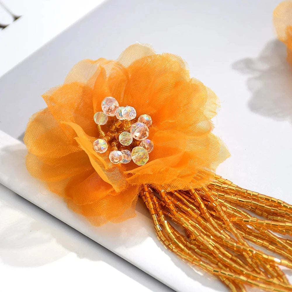 Red Vintage Acrylic Beads Tassel Earrings Handmade Lace Flower Dangle Earrings  Jewelry Accessories For Women