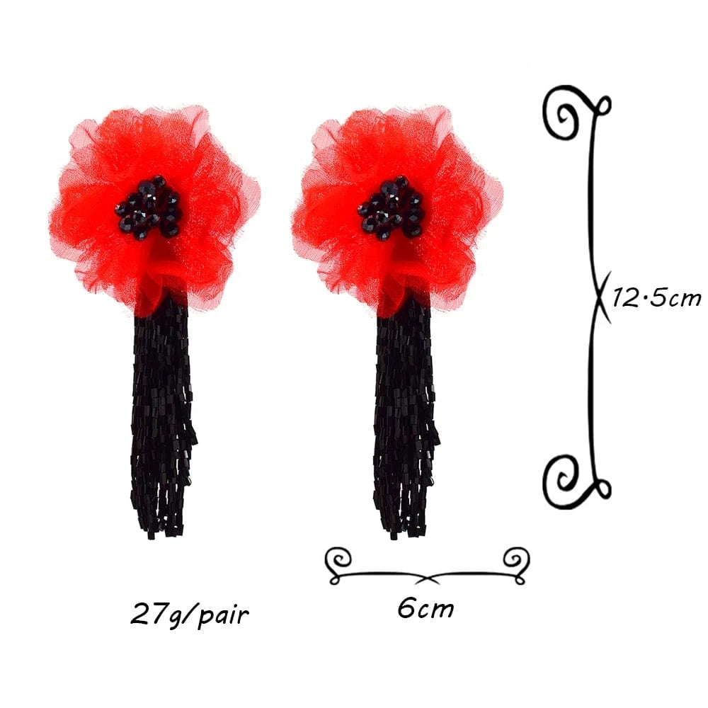 Red Vintage Acrylic Beads Tassel Earrings Handmade Lace Flower Dangle Earrings  Jewelry Accessories For Women