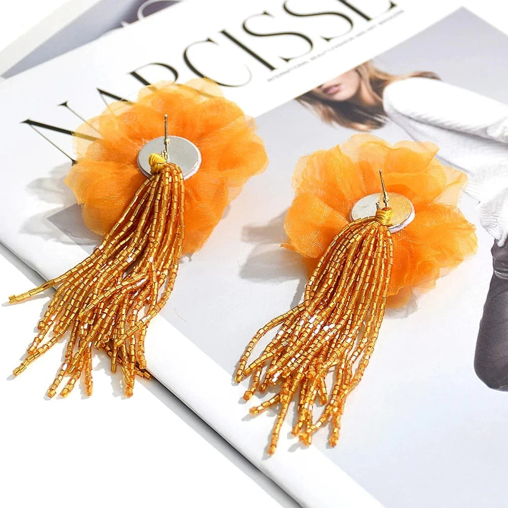 Red Vintage Acrylic Beads Tassel Earrings Handmade Lace Flower Dangle Earrings  Jewelry Accessories For Women