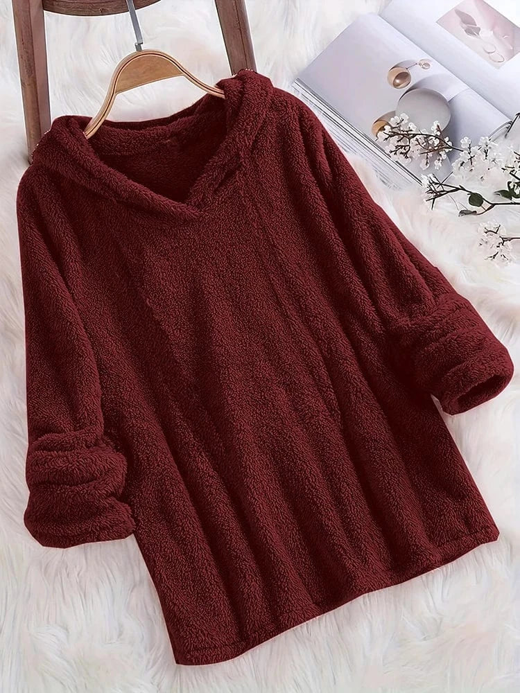 Red / XL Fleece Solid Colour Hoodie Casual Long-Sleeved Hooded Sweatshirt Women's Autumn And Winter New Models 2024 Warm Solid Colour