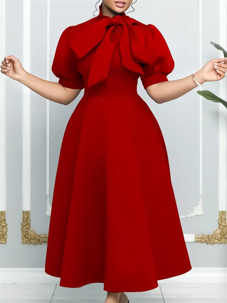 Red / XL Wmstar Plus Size Dresses for Women Elegant Fashion Office Lady with Bow Maxi Dress New in Summer Clothes Wholesale Dropshipping