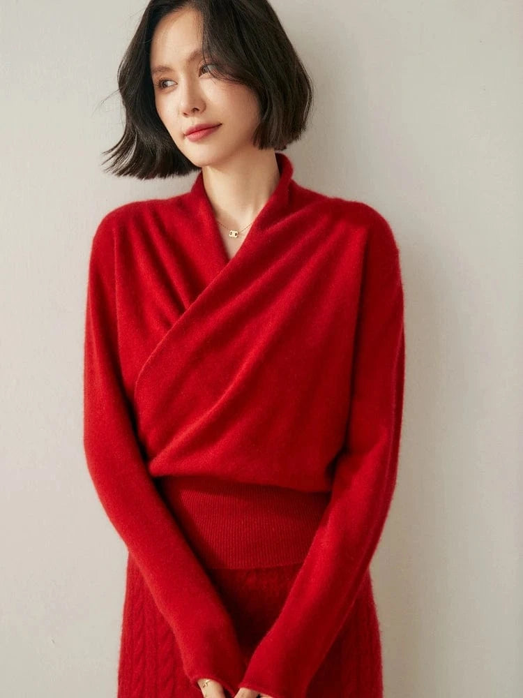 Red / XL Women's 100% Cashmere Sweater Crossover Collar Pullover Office Lady Basic Grace Cashmere Knitwear Autumn Winter Tops