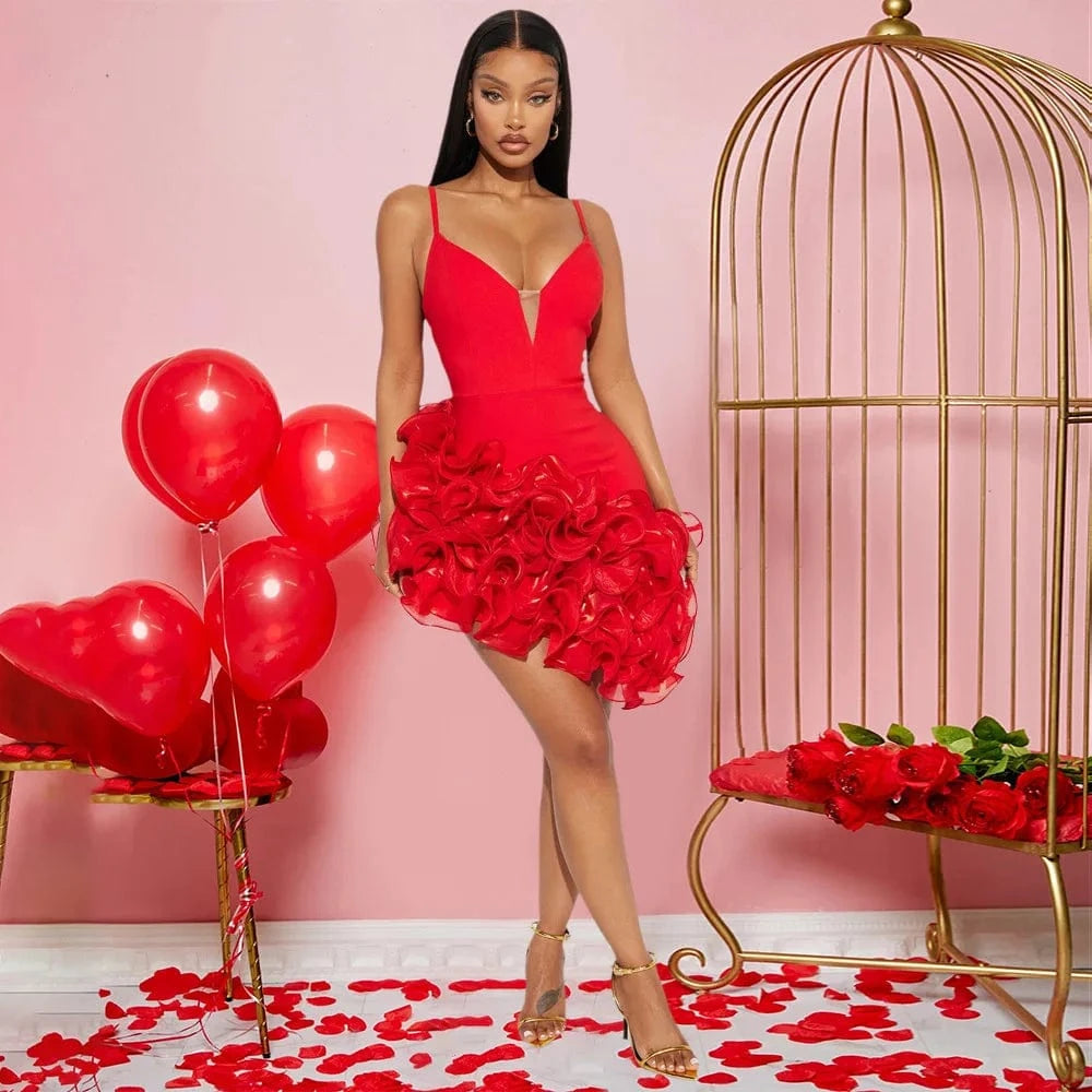 Red / XXL Ruffles Sleeveless Bodycon Mini Pleated Dress Women Party Elegant Short Evening Dresses Lady Luxury Sexy Birthday Red Prom Dress