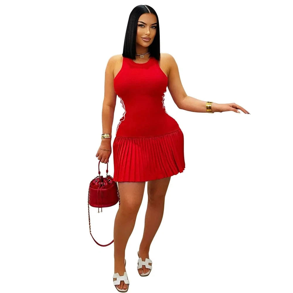 Red / XXL Women's Sleeveless Side Striped Stretch Pleated Mini Dress for 2025 Summer Sexy Casual Short Dresses Sports Streetwear Clothing