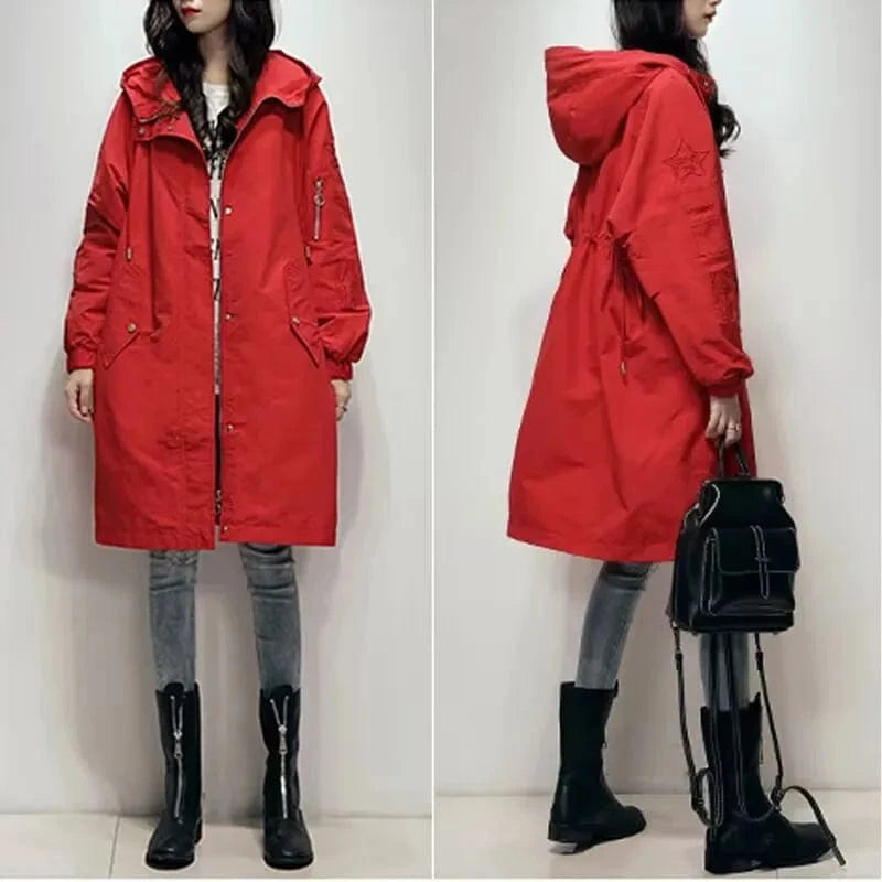 Red / XXXL Long Lning Embroidered Windbreaker Women's 2025 Spring And Autumn New Chic Loose Waist-Collecting Hong Kong Fashion Coat Lady